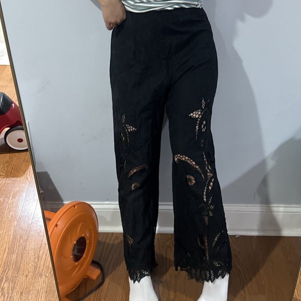 Anthropologie Women 10 Black Embroidered Lace Wide-Leg Pull-On Pants Festival